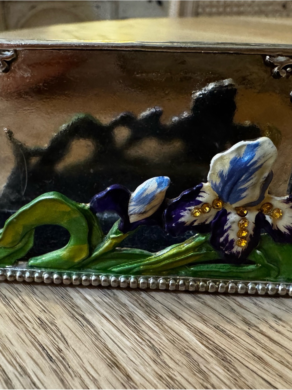 Vintage metal rhinestone iris business card holder